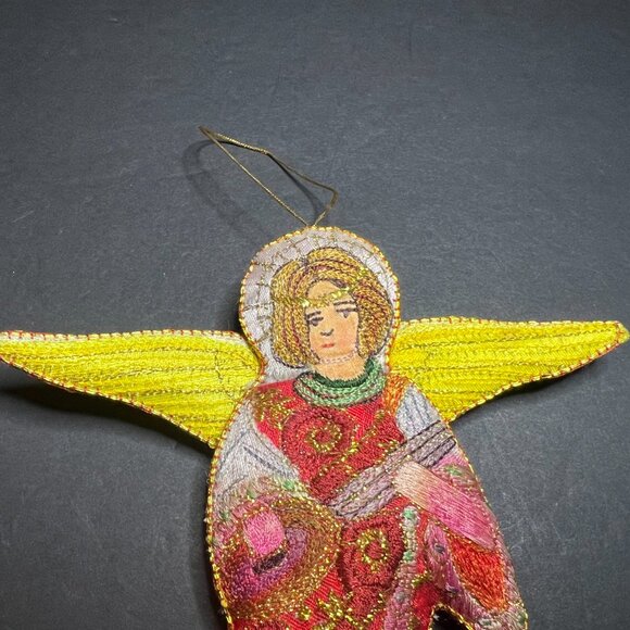 Vintage Embroidered Silk Angel Playing a Lute Instrument Christmas Ornament 6" - Picture 2 of 4